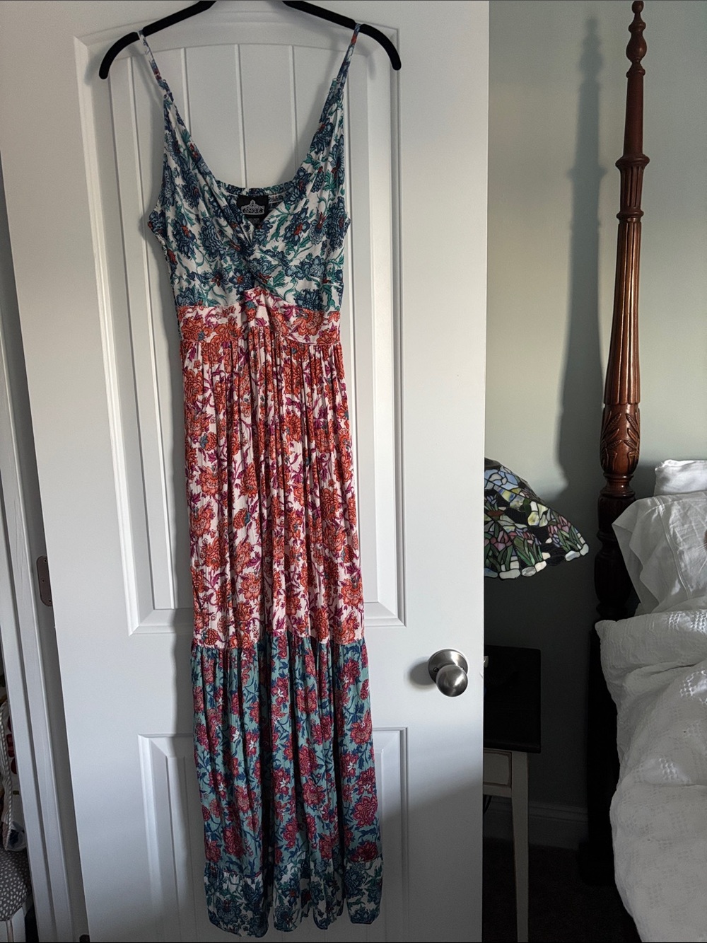 Angie Teal and Rust Floral Tiered Maxi Dress
